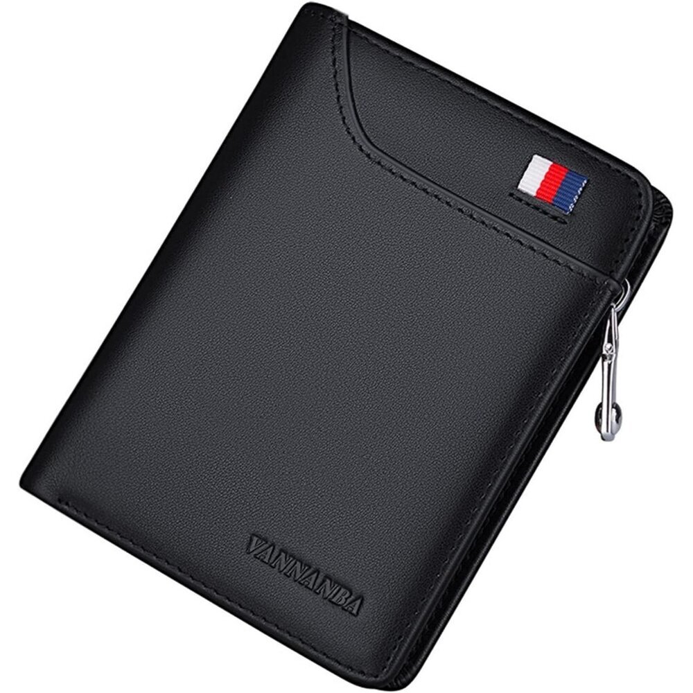 Men's Wallets Card Black Genuine Leather Slim Front Zipper Coin Pocket Design